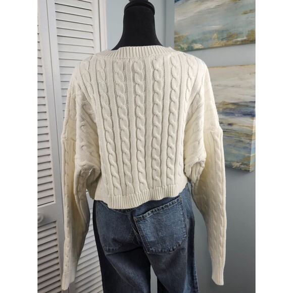 Forever 21 Sweater M Ivory Cropped Cable Knit Chunky Fisherman Cozy Cotton - Picture 4 of 7
